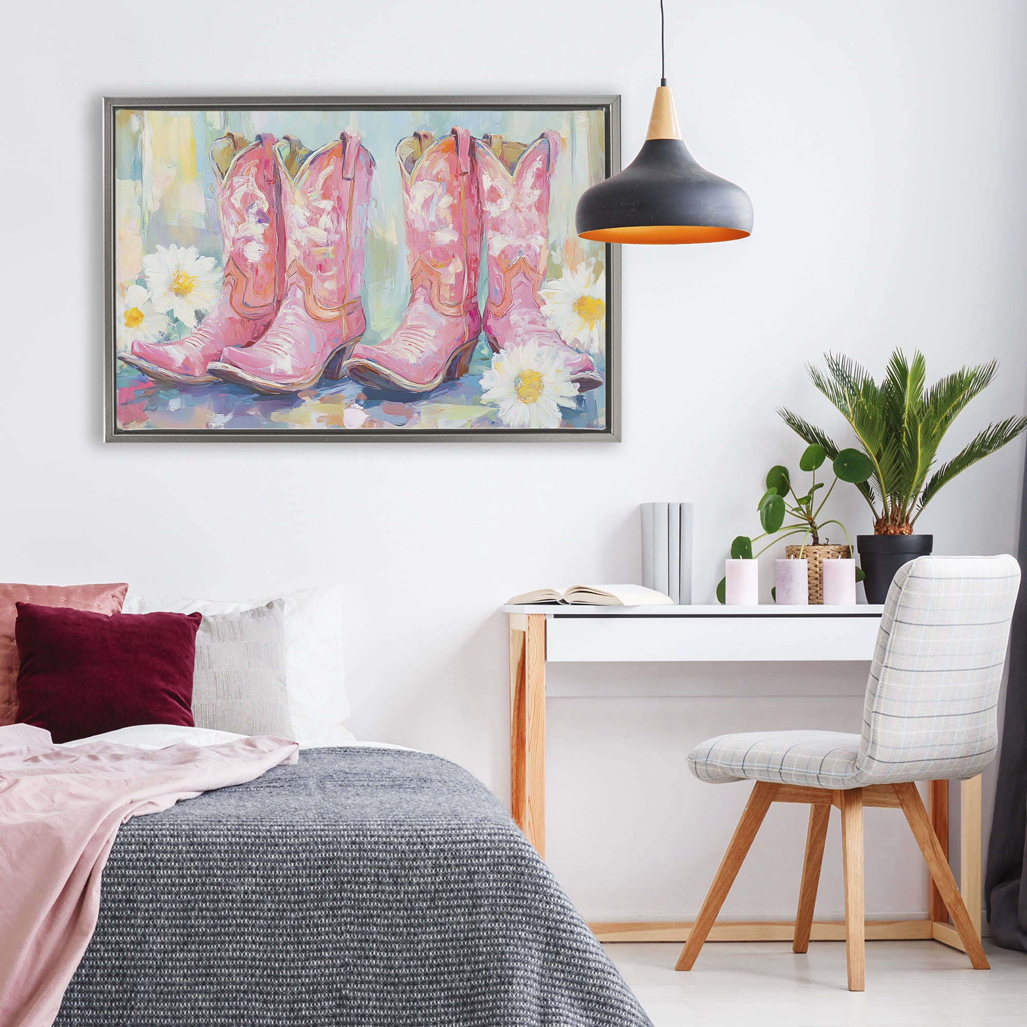 Stupell Industries Pink Cowgirl Boots Pairs Gray Framed Floater Canvas Wall Art, design by Tina LeCour