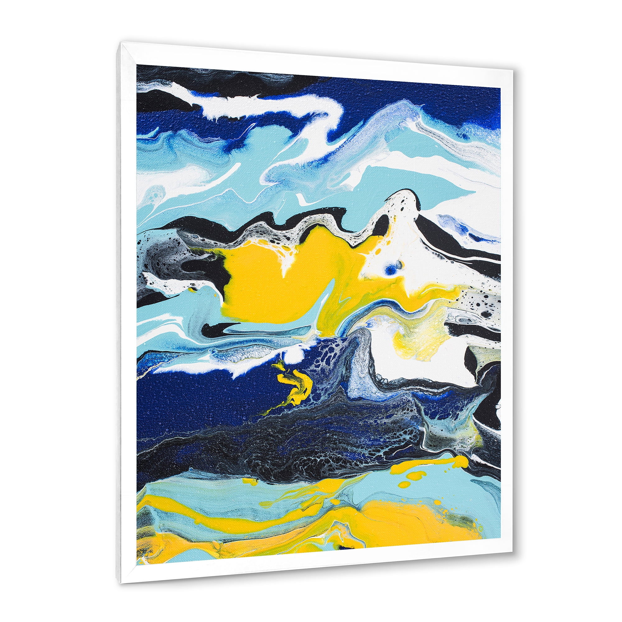 Designart 'Abstract Marble Composition In Blue and Yellow II' Modern Framed Art Print