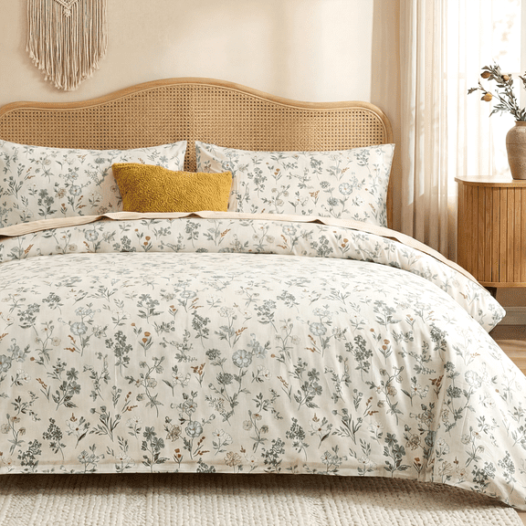 Floral Duvet Cover Set 100% Cotton Green Floral Comforter Cover 3 Pcs Lightweight Soft Aesthetic Floral Bedding Sets