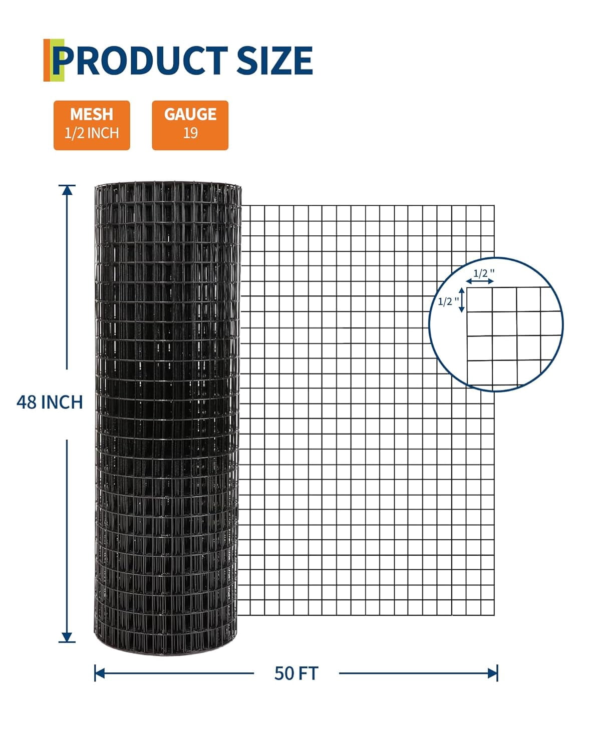 EastVita 48in x 50ft 1/2 Inch 19 Gauge Post Welding Galvanized Hardware Cloth Chicken Wire Roll for Coop Poultry Garden Protection (Black)