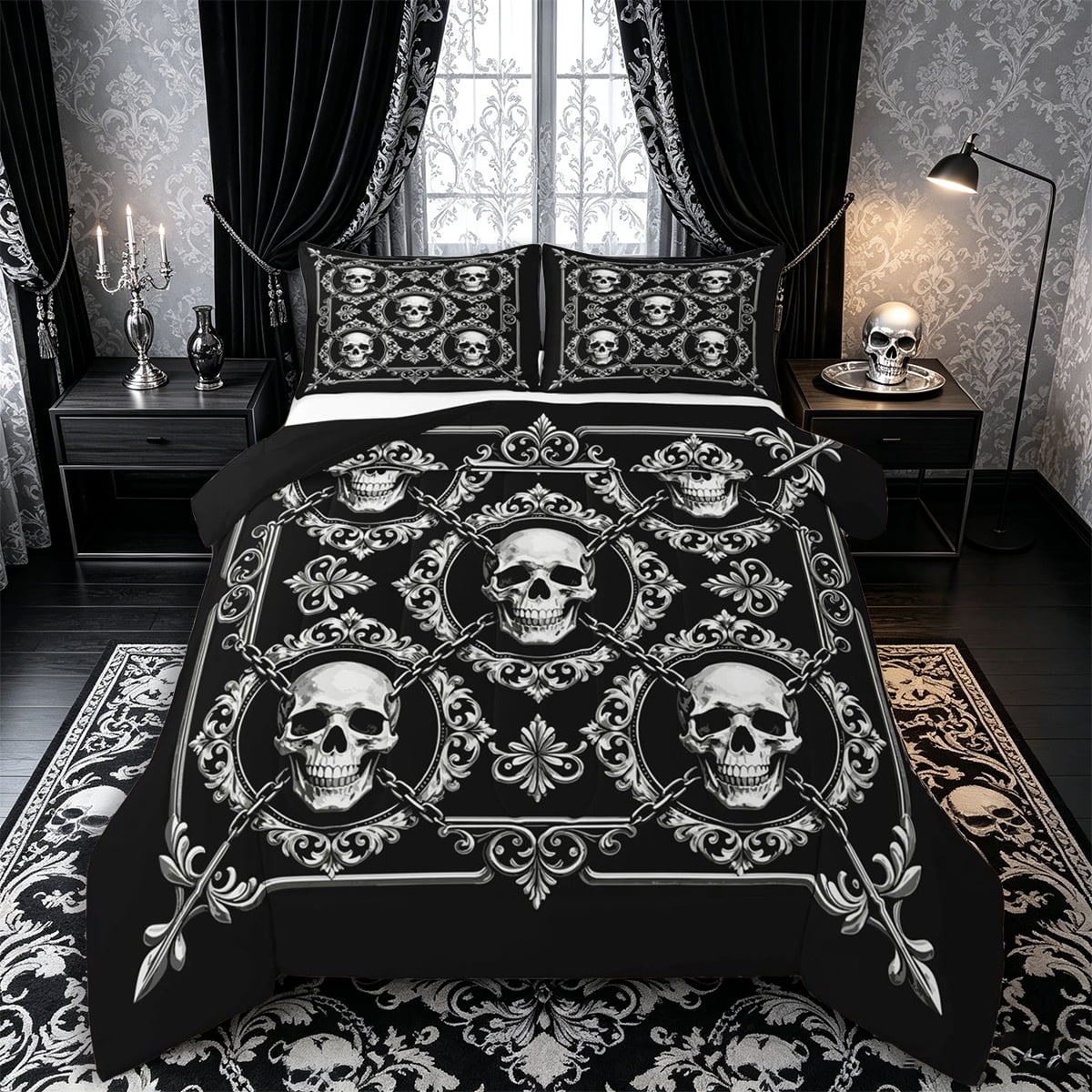 Castle Fairy Baroque Gothic Skull Full Size Comforter Sets 3-Piece Ornate Chain Frame Pattern Bedding Comforter Set Silver Blacks 1 Comforter and 2 Pillowcases Black Reversible