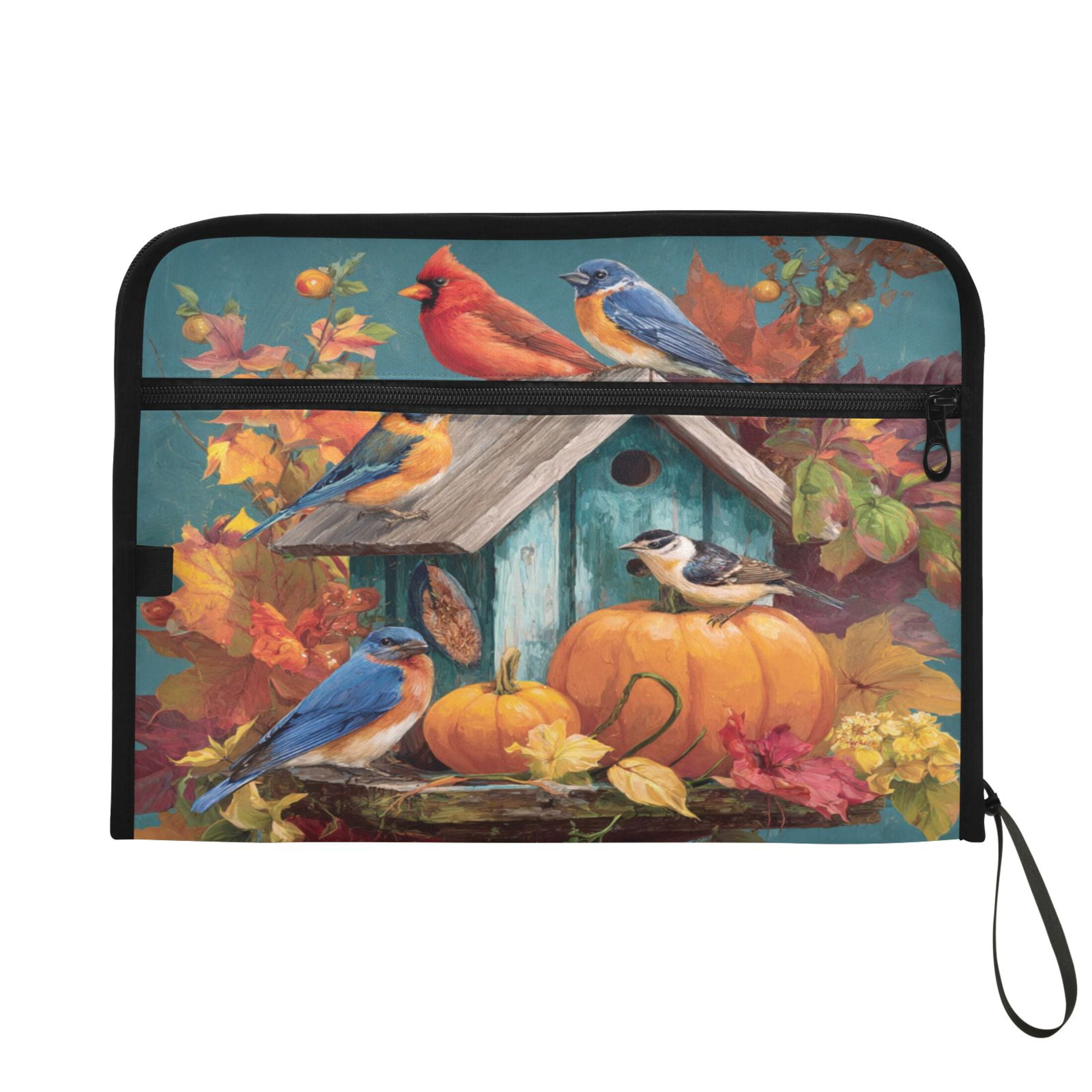 Accordion File Organizer with Zip Closure 13 Pockets Expanding File Folder Letter A4 Paper Document Organizer for Home Office Birdhouse and Colorful Birds