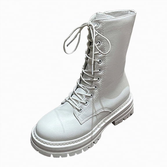 UngA Women's Combat Boots Lace-up Mid-calf Boots Military Winter Woman Boots White,Size 6.5
