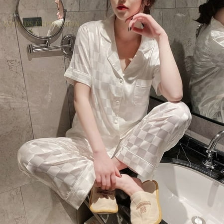 

QWZNDZGR Spring Summer Ladies Faux Silk Polyester Pajama Sets Sexy Women s Homewear Casual Luxury Pajamas Plaid Pajamas Female Sleepwear