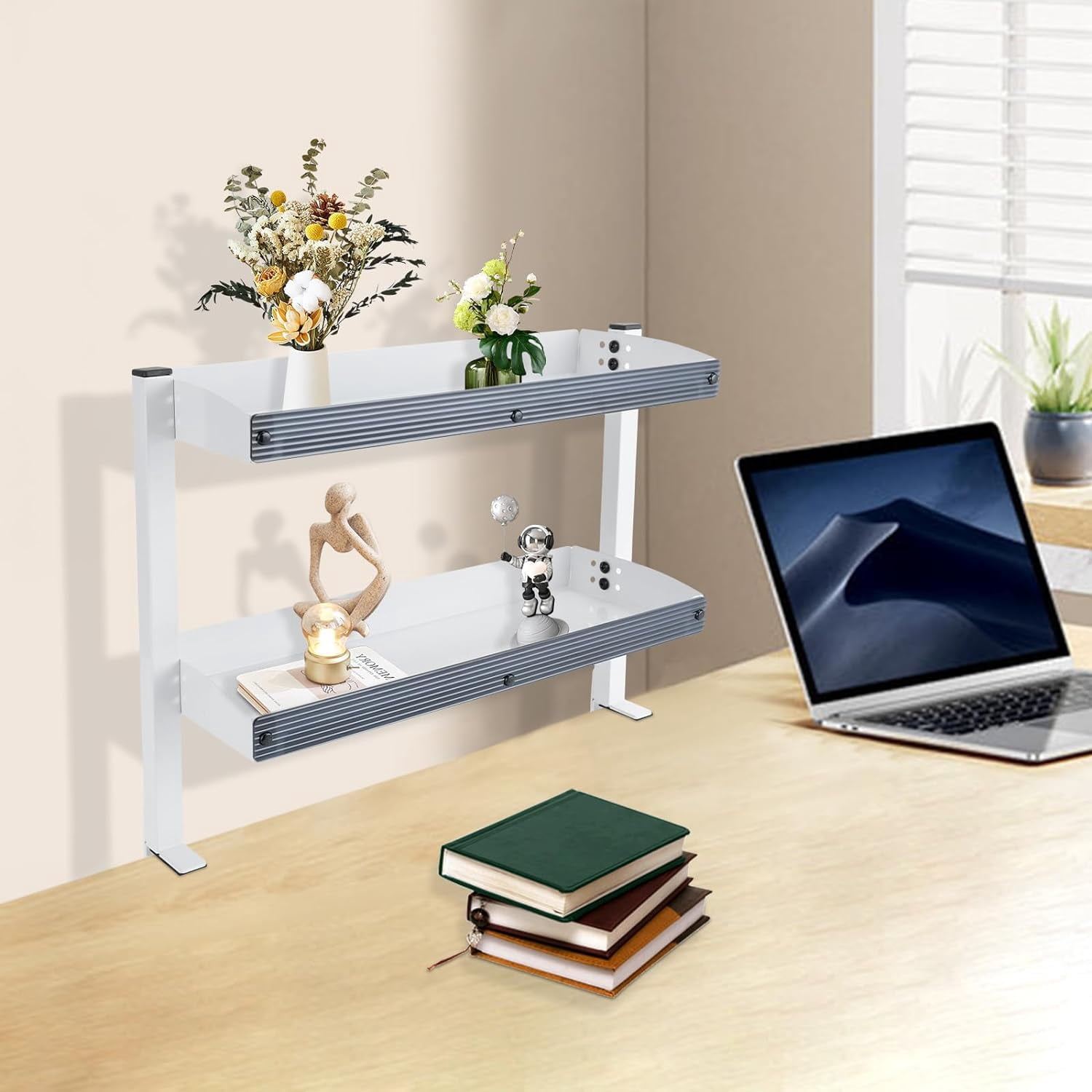 Clamp-on Desk Shelf, 2-Tier Carbon Steel Plastic Panel Clip-on Desk Organizer, Office Modern Countertop Shelf, Bedroom Living Room Thickness 1.7in Clamp-on Desk Shelf (White) MK3131-A1