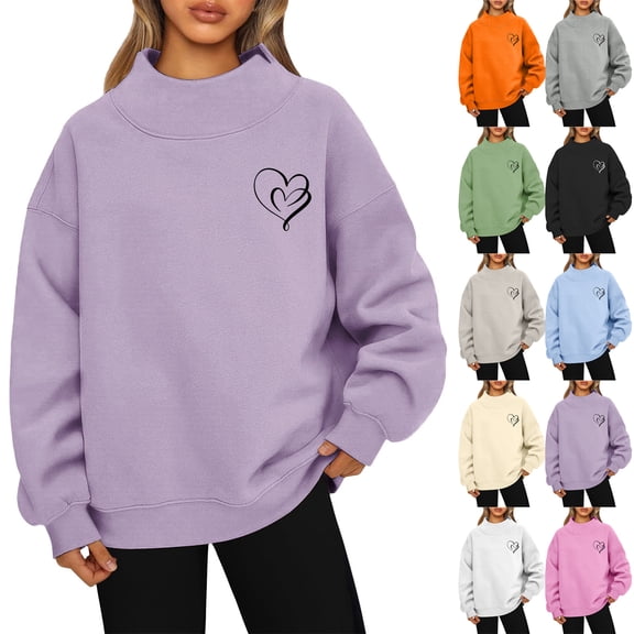 Kixjoy White Sweatshirts for Women Long Sleeve Oversized Mock Neck Sweatshirts Love Heart Fashion Fall Pullovers Casual Lightweight Loose Fit Outfits for Women, White S