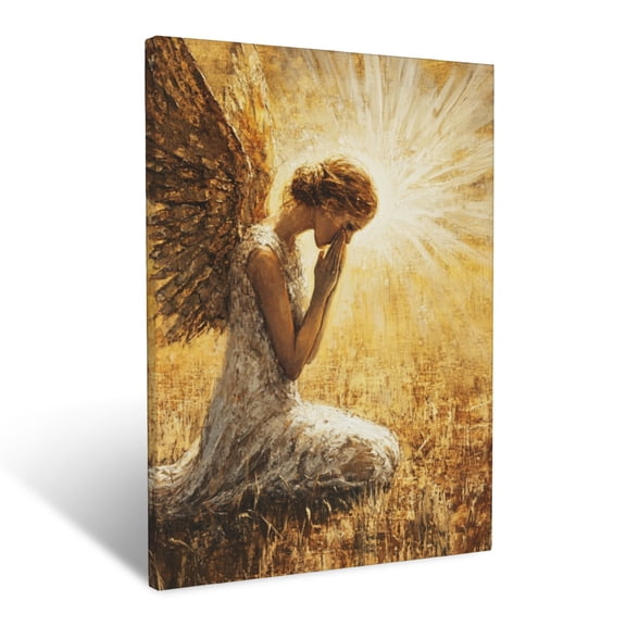 CozyNet Angel Kneeling In Prayer, Glowing Beams Illuminating The Figure In A Golden Field Wall Art Prints With Frame Canvas Perfect for Living Room & Bedroom, Ready to Hang, Wall Decor 12"x16"