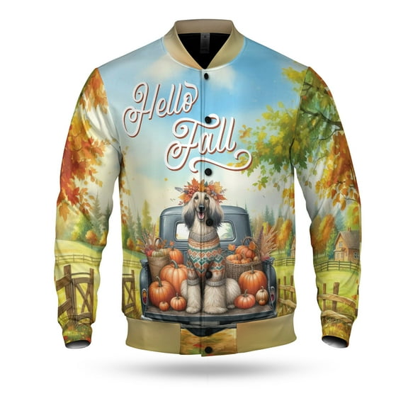 Hello Fall Autumn Afghan Hound Pumpkins Pickup Truck All Over Print 3D Baseball Jacket Dog Lover Bomber Jacket Softball - 13011