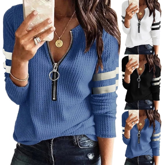Zipper V Neck T Shirts for Women Stripe Long Sleeve Knit Tee Loose Spring Fall Thermal Tunic Tops Black L