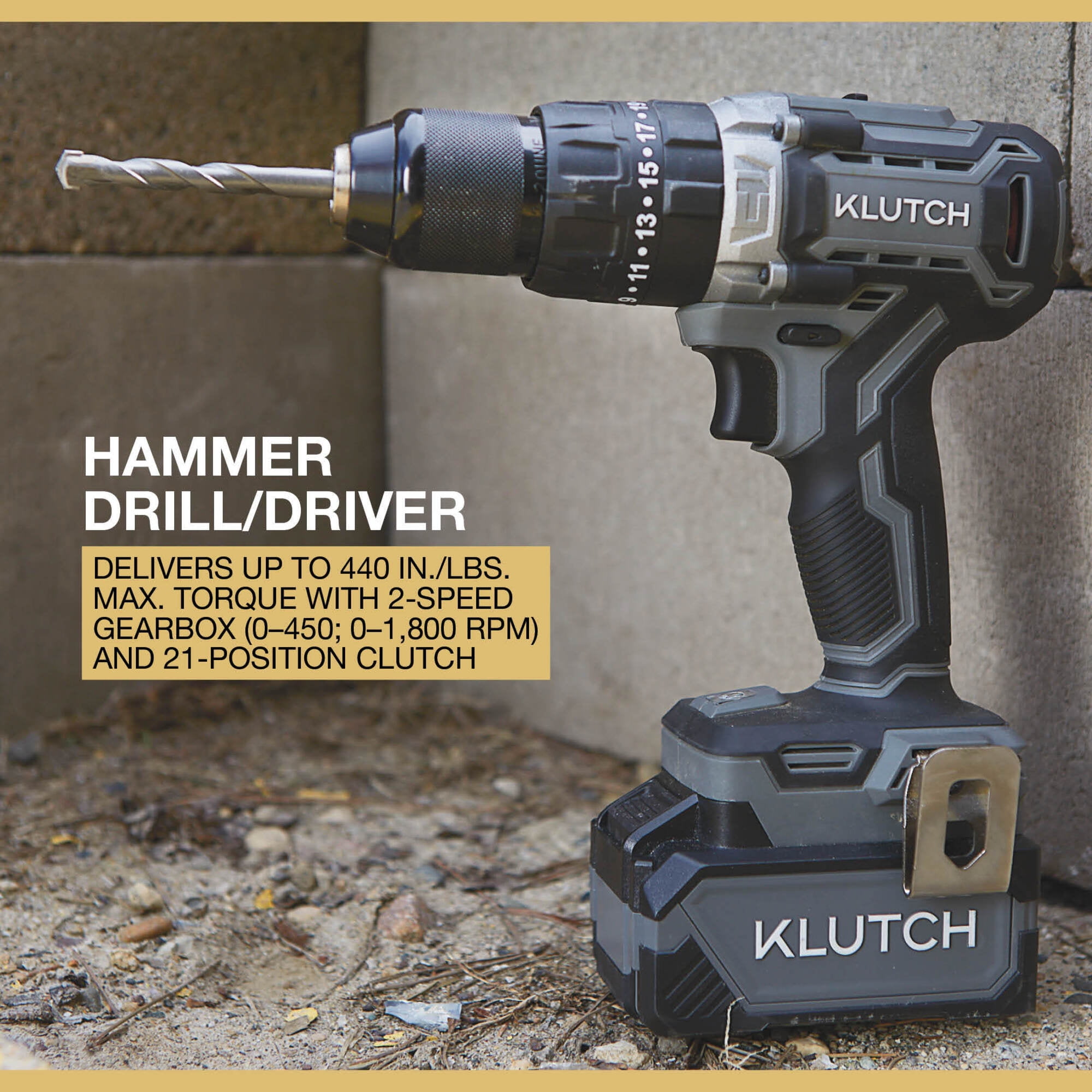 Klutch 1/2in. Hammer Drill/Driver and 1/4in. Impact Driver Kit, KLiQ 20V, Brushless, Cordless, 2.0Ah