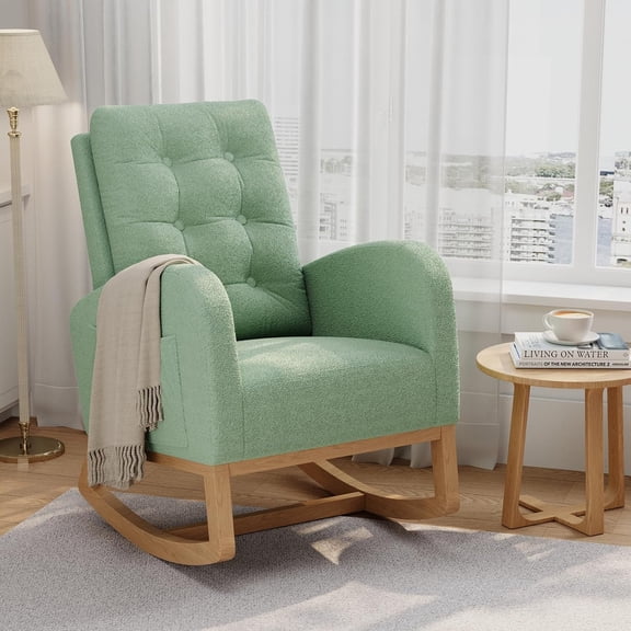 Nursery Rocking Chair with Teddy Fleece Upholstery Wooden Legs and High Backrest Smooth Glider for Nursery Light Green