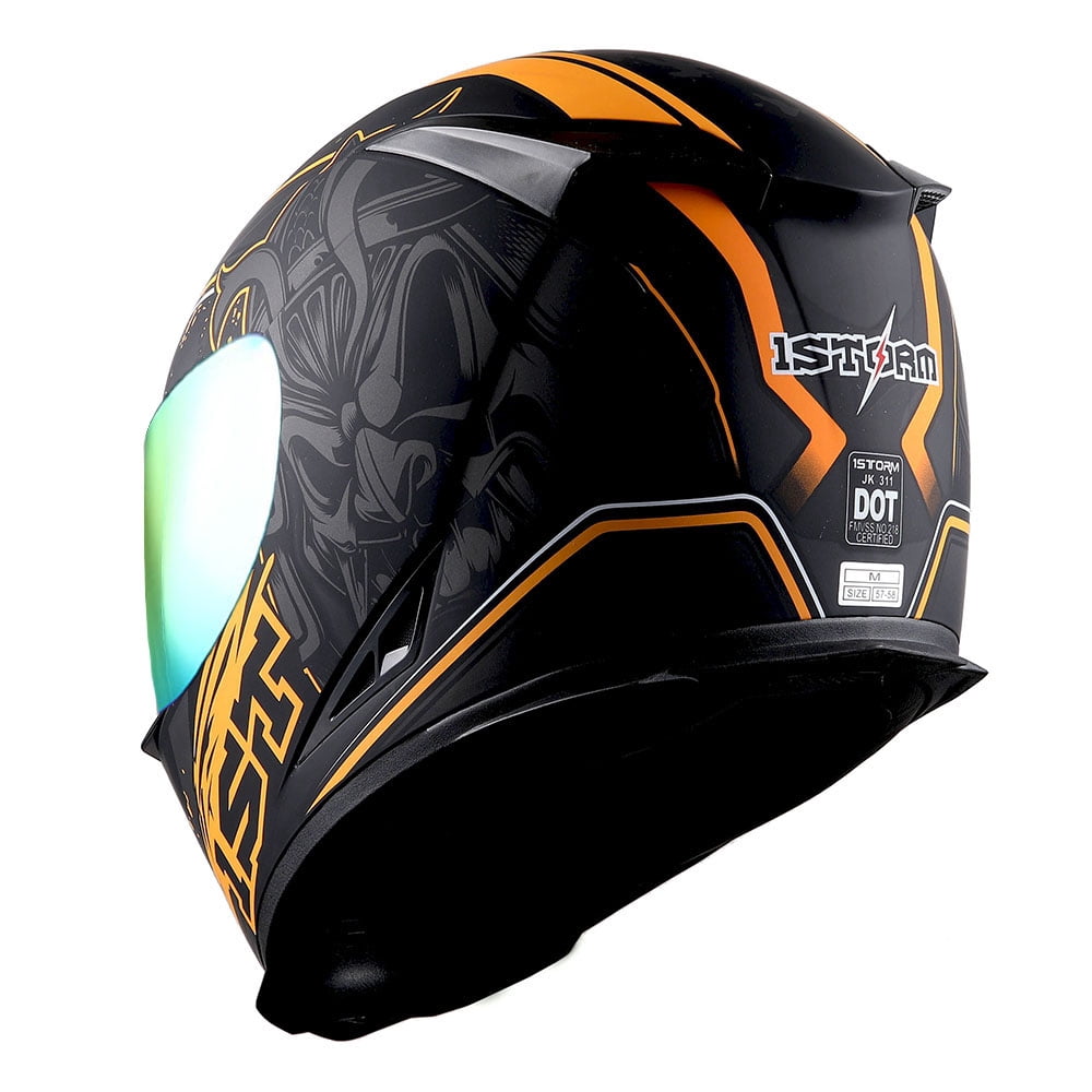 1Storm Motorcycle Full Face Helmet Street Bike Skull King HJK311 + One Extra Clear Shield; Skull Orange