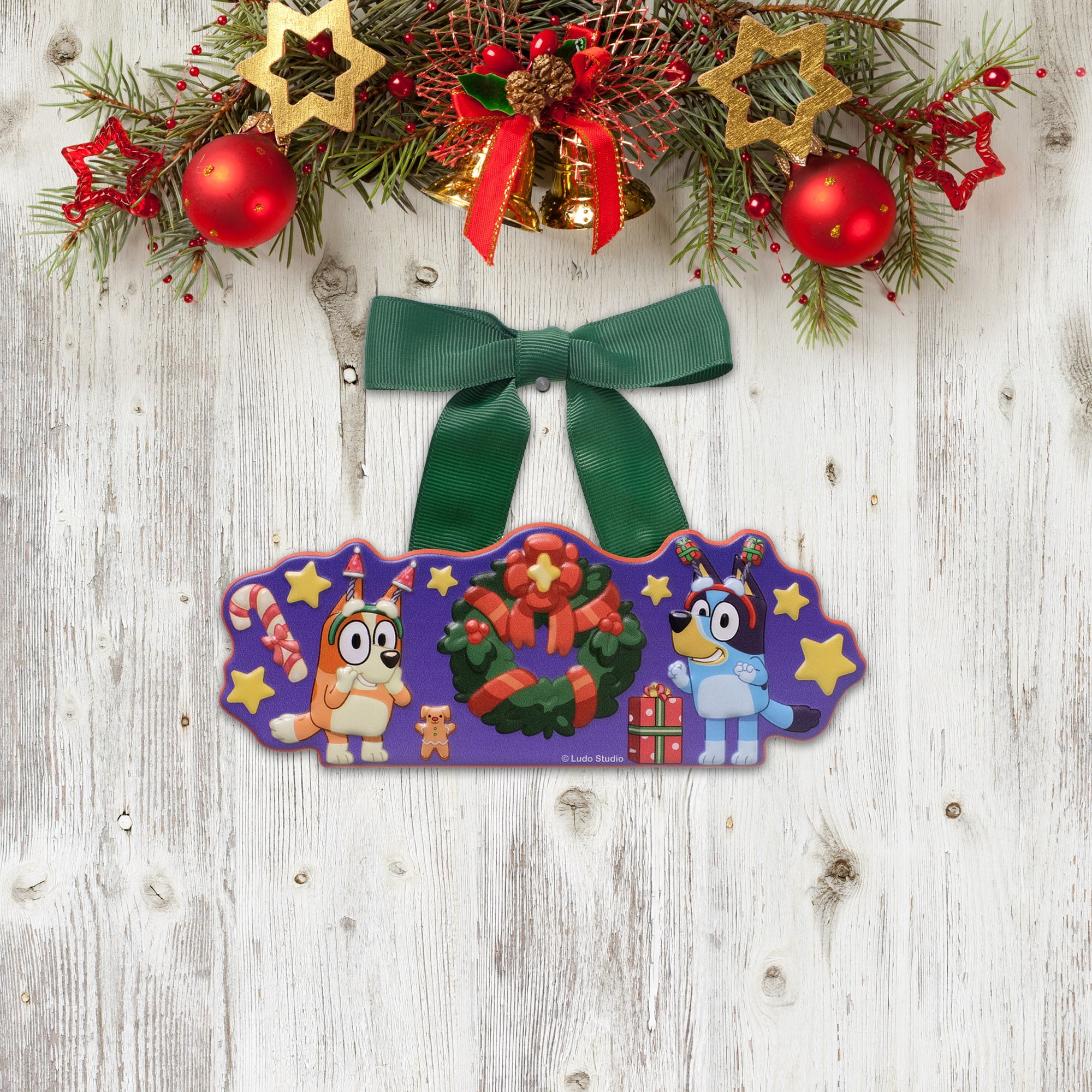 Bluey 6 inch Metal Ribbon Sign with Festive Wreath and Candy Cane Design