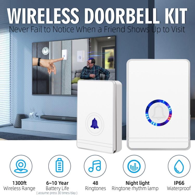 GREENCYCLE 1 Set Wireless Doorbell Door Open Chime, 1312ft Long Range, Adjustable Volume 48 Chimes with LED Flash Door Chime, IP 66 Waterproof Doorbell Button for Home Classroom Office Business