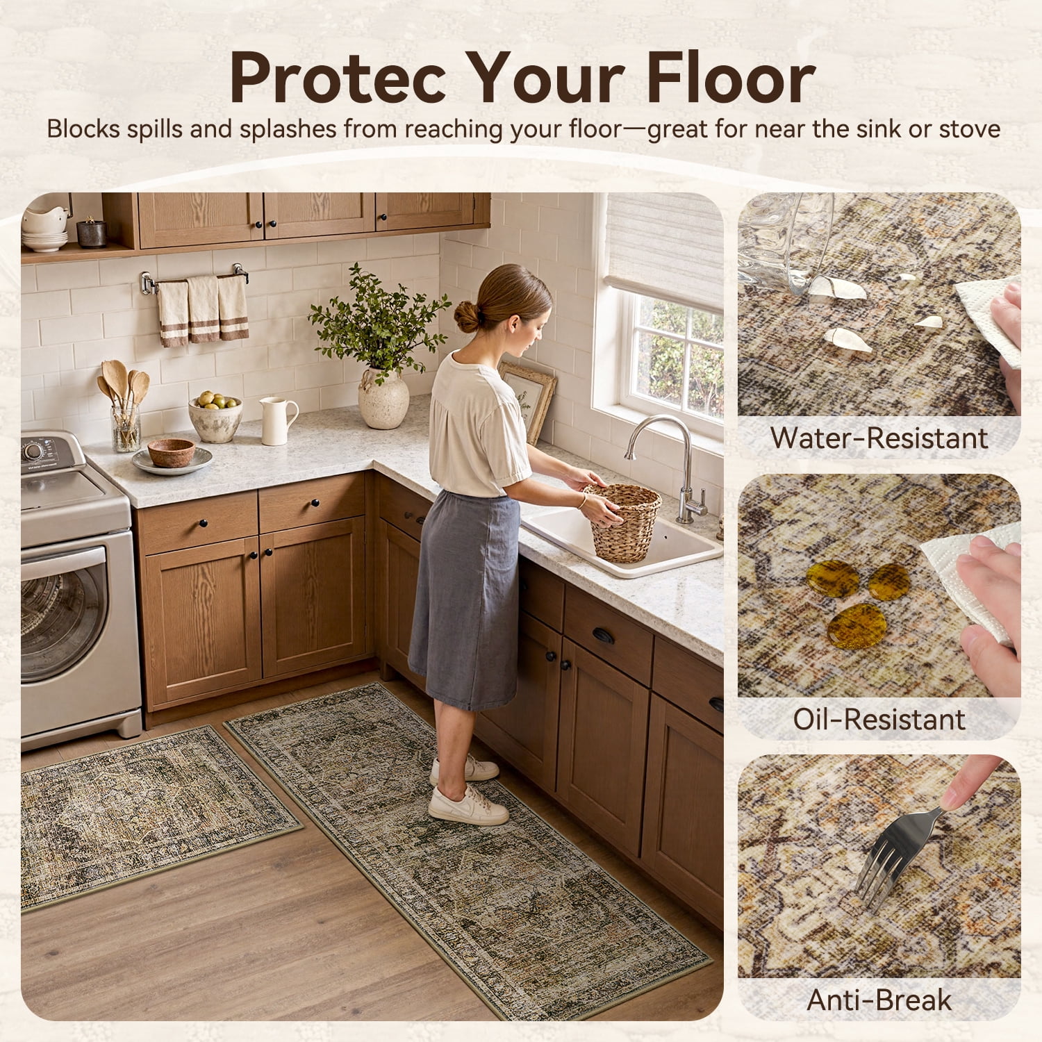 SIXHOME 3-Piece Kitchen Rugs and Runner Set Washable Vintage Kitchen Mat Non-Slip Low-Profile Rugs for Kitchen Sink Laundry Bedside 20"x32"+20"x48"+20"x59" Brown