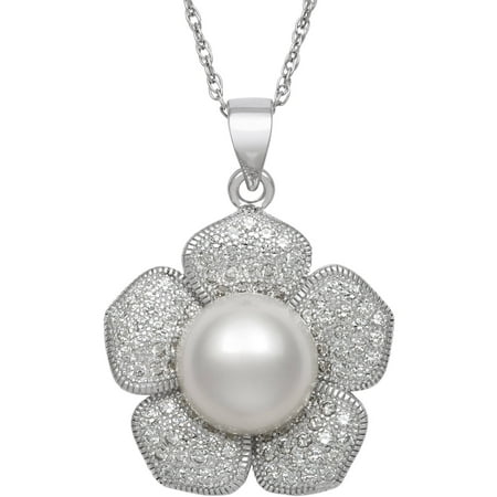 10-11mm Genuine White Cultured Freshwater Pearl and CZ-Encrusted Sterling Silver Flower Pendant, 18