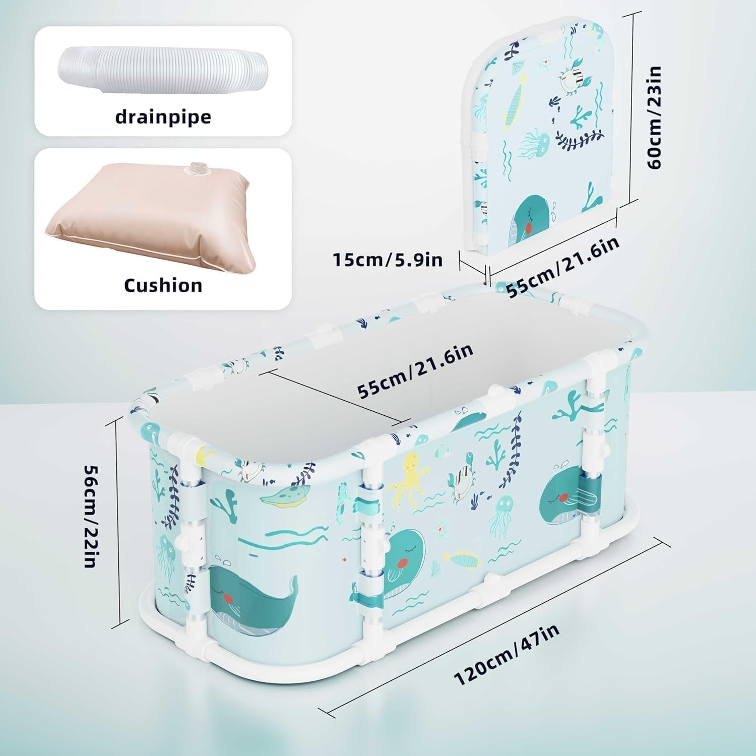 Portable Bathtub, 47“ Foldable Bathtub-Installation Free, 7 Layers Thicken with Metal Support, Therapy Tub for Shower Stall Fold Up Soaking Bath Tub, Hot SPA, Ice (Wonder Ocean EA6)