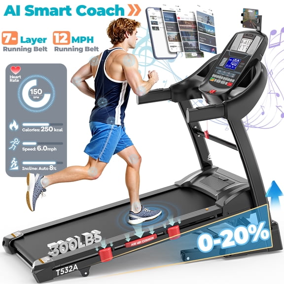 Foldable Treadmill with 15% Auto Incline, 300LB Capacity, Smart App Control, Shock Absorption Belt, Heart Rate Monitor, Home Gym Running Machine