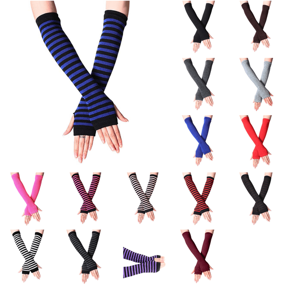 Women's Long Striped Cotton Fingerless Gloves, Soft Stretchy Arm Warmers, Winter Thermal Warm Sleeves for Daily Dress‑up Outdoor Driving Casual Wear, Black‑Blue Stripe