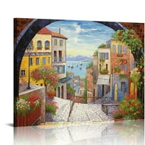 ONETECH  Italian Town Canvas Wall Art - Coastal Village Painting Artwork Reproduction Print Decor for Living Room