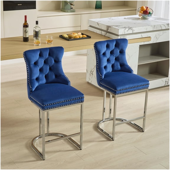 Set of 2 Blue Velvet Counter Bar Stools with Button Tufted Back and Chrome Legs