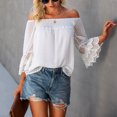 thumbnail image 2 of Women Off Shoulder Top 3/4 Bell Sleeves Loose Fit Elastic Neckline Lining Inside Summer Blouse Beige L, 2 of 8