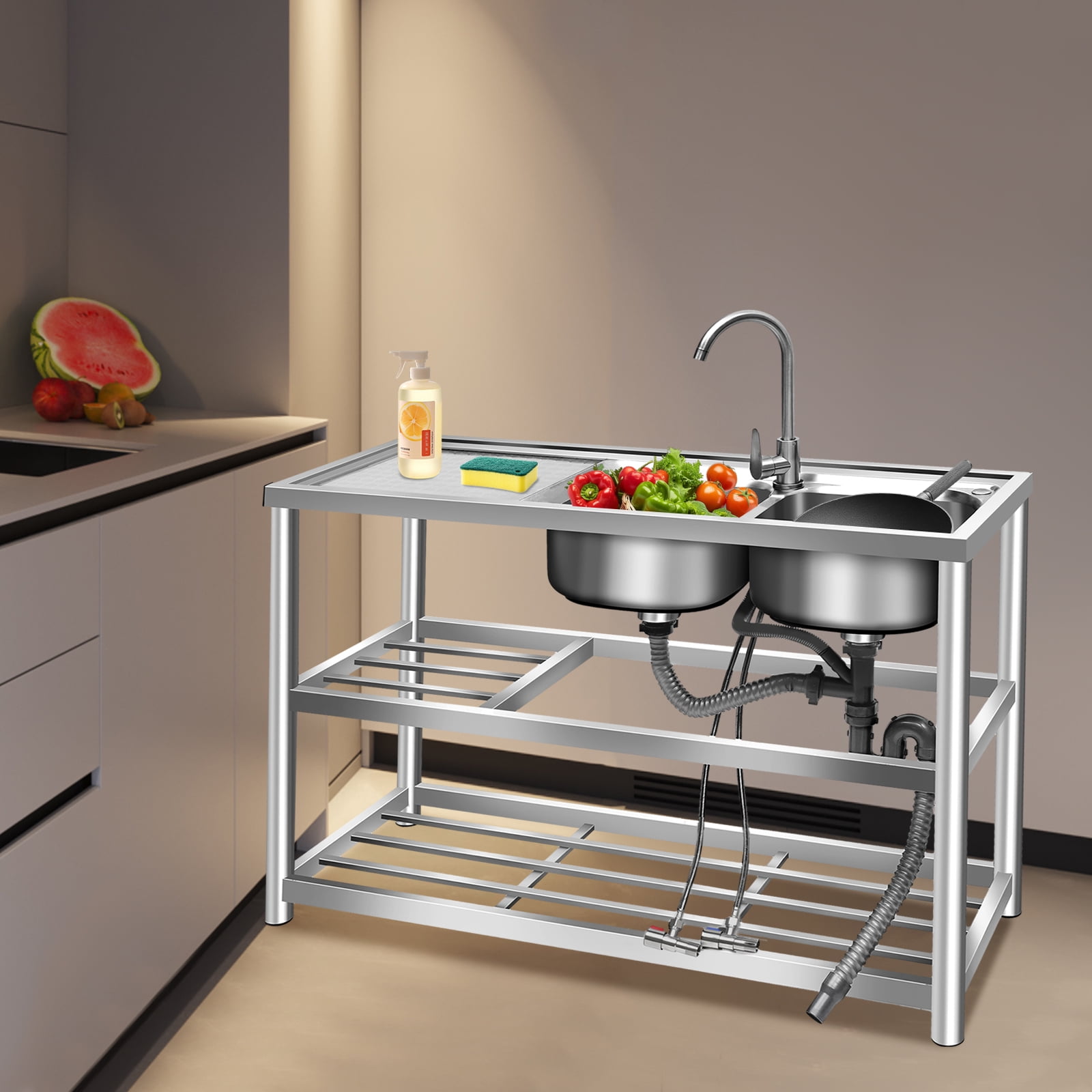 Peakora 3 in 1 Kitchen Utility Sink Stainless Steel Kitchen Sink with Two Sinks and Faucet Freestanding Outdoor Kitchen Commercial Sink with Double-Layer Storage Shelf