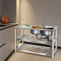 Commercial 2-Bowl Stainless Steel Kitchen Sink with Double Shelves, 304 Durable Anti-Rust Steel, Hot & Cold Faucet, Large Drainer for Restaurants & Bars