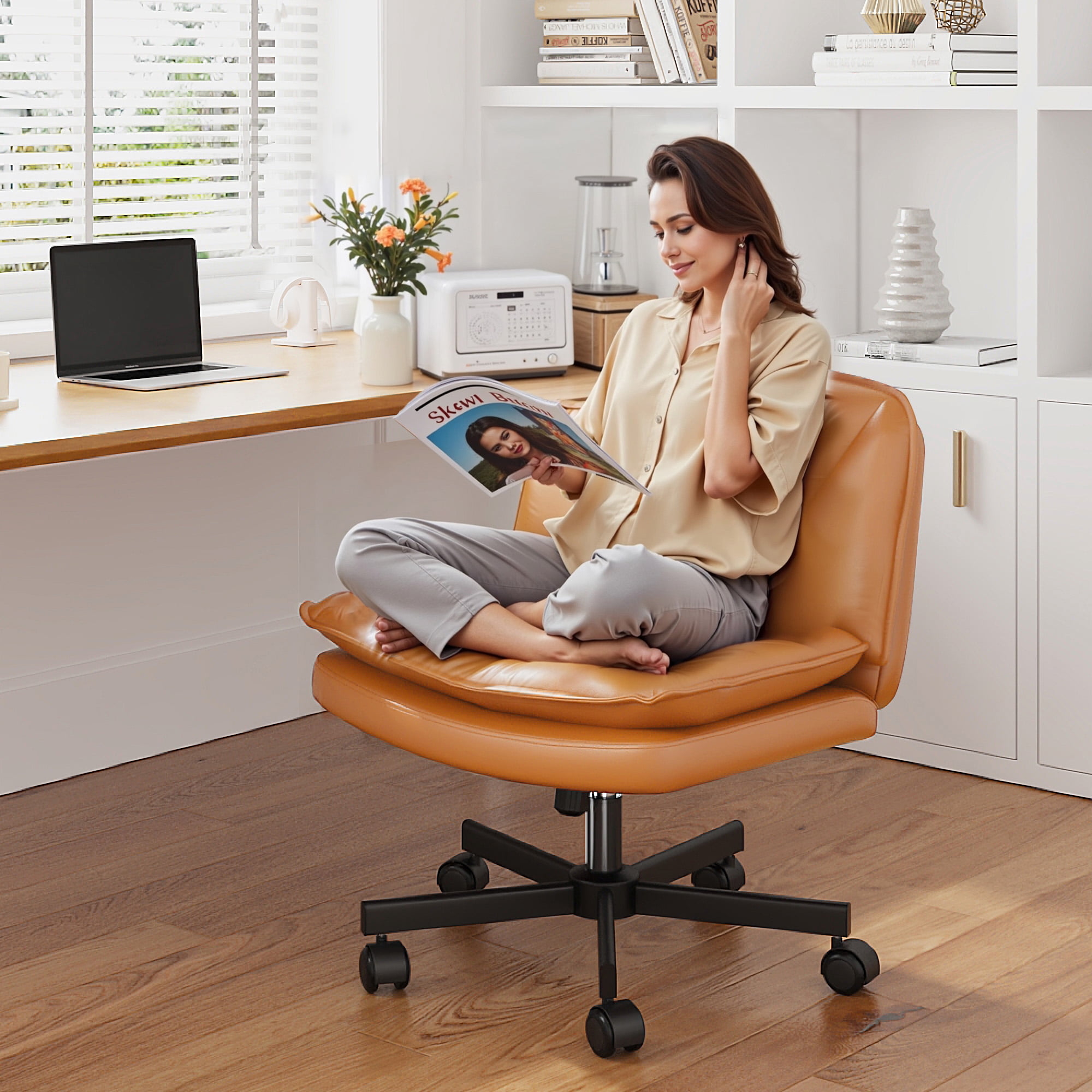Romorgniz 27" W Chair Criss Cross Legged Office Chair Armless Adjustable Desk Chair with Wheels, Wide Seat, and 2-Layer Cushion, Orange