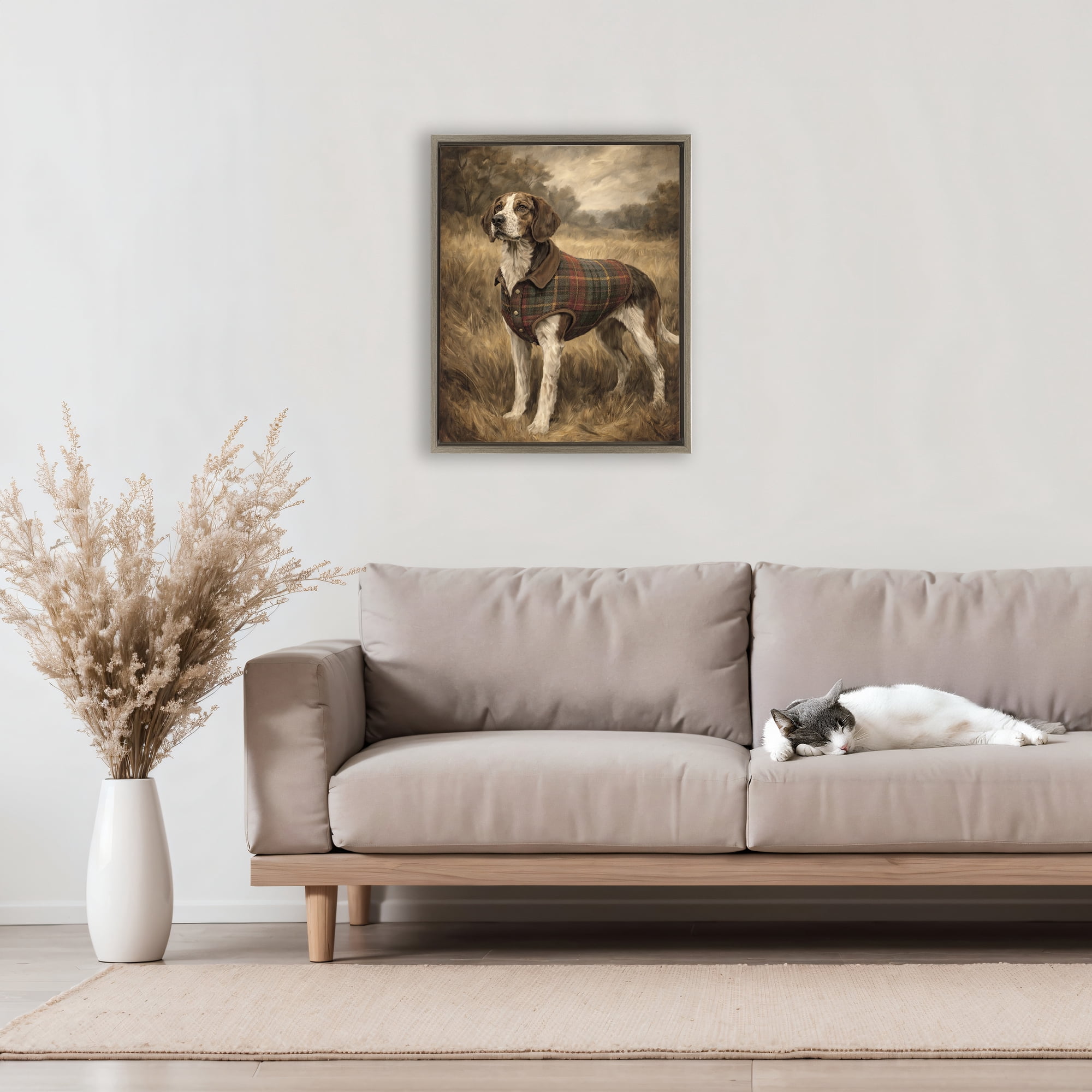 Stupell Industries Hunting Days Plaid Jacket Hound Brown Framed Floater Canvas Wall Art, design by Kim Allen