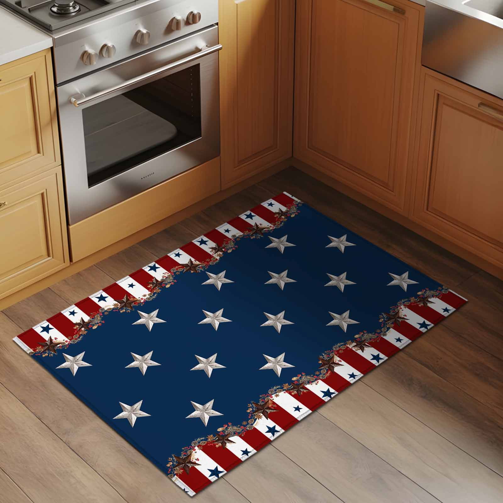 2x3 Ft Entryway Area Rug, Country Star Farm Kitchen Rug Runner Washable Floor Mat, Red Blue Patriots Stripe American Flag Non Slip Indoor Door Mat Throw Carpet for Bathroom Living Room Bedroom