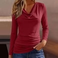 thumbnail image 2 of Qgtaibl Women's Solid Color Long Sleeve Shirts Elegant Cowl Neck Waist Ruched Blouse Fall Stretchy Slim Fit Dressy Tops Wine XXL, 2 of 9