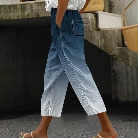 CLOISE Capris Pants for Women with Pockets Stretch Wide Leg Pants Elastic High Waisted Palazzo Pants Petite Summer Casual Fashion Gradient Color Loose Lightweight Cropped Flowy Trousers Blue XL