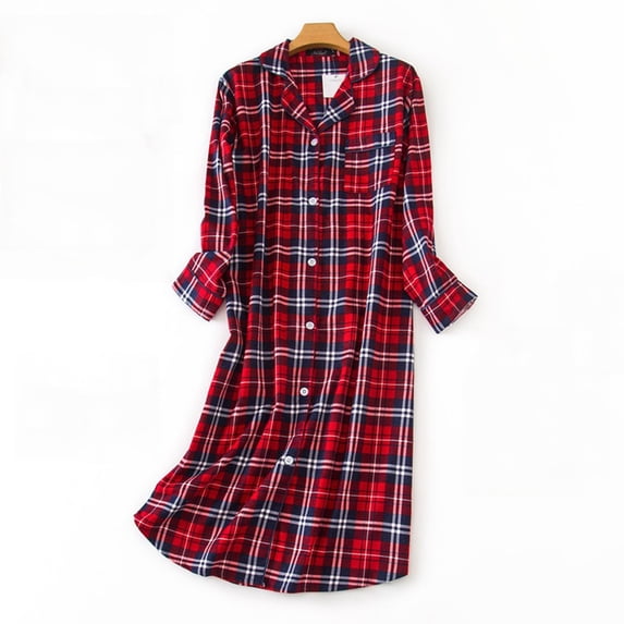 XIAONU Women's Plaid Flannel Nightgown Loose Fit Three Quarter Sleeve Notch Collar Sleep Dress Soft Casual Sleep Nightgowns