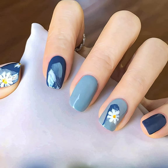 Flower Press on Nails Short Cute Daisy Fake Nails Square Blue Acrylic False Nails with Summer Floral Designs Stick on Nails for Women and Girls Artificial Nails 24Pcs Style 1 0.04 Fl Oz (Pack of 24)