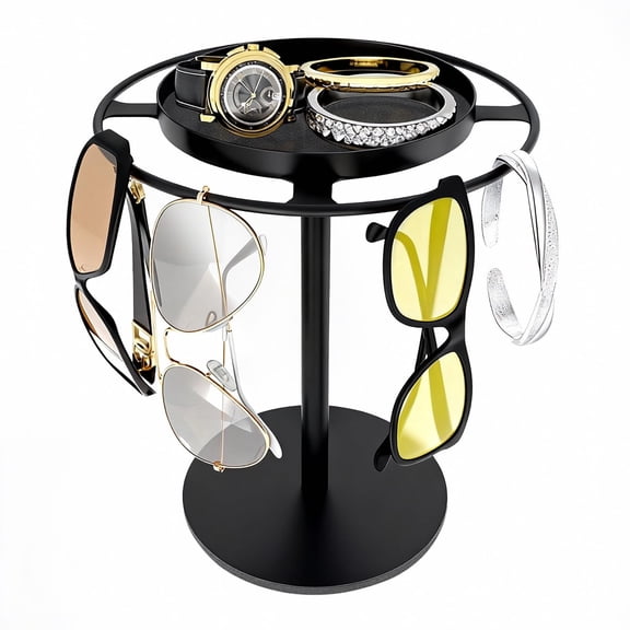 Matte Black Sunglass Organizer, Glasses Holder Stand with Storage Tray, Eyeglasses Holder for Tabletop, Desk & Dresser