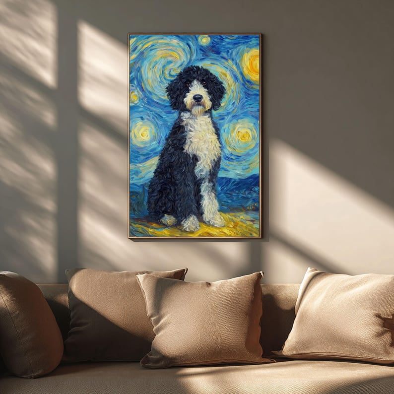 Portuguese Water Dog Starry Night Style Painting poster Wall Art Decor 12x18 UNFRAMED
