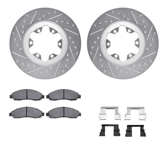 Dynamic Friction Company Front Brake Rotors-Drilled and Slotted-Silver with Ultimate Duty Performance Brake Pads includes Hardware 7412-48034