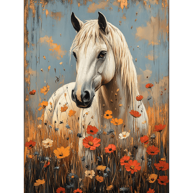 Qisvanset Framed Canvas Wall Art 12x16 Inch Wildflower Meadow White Horse Farmhouse Art