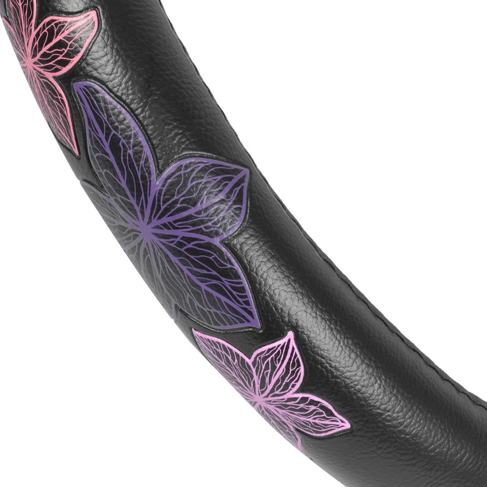 BDK GripGrab Comfort Grip - Purple & Pink Flowers Design on Black Synthetic Leather Steering Wheel Cover 15" - SW-538_AM