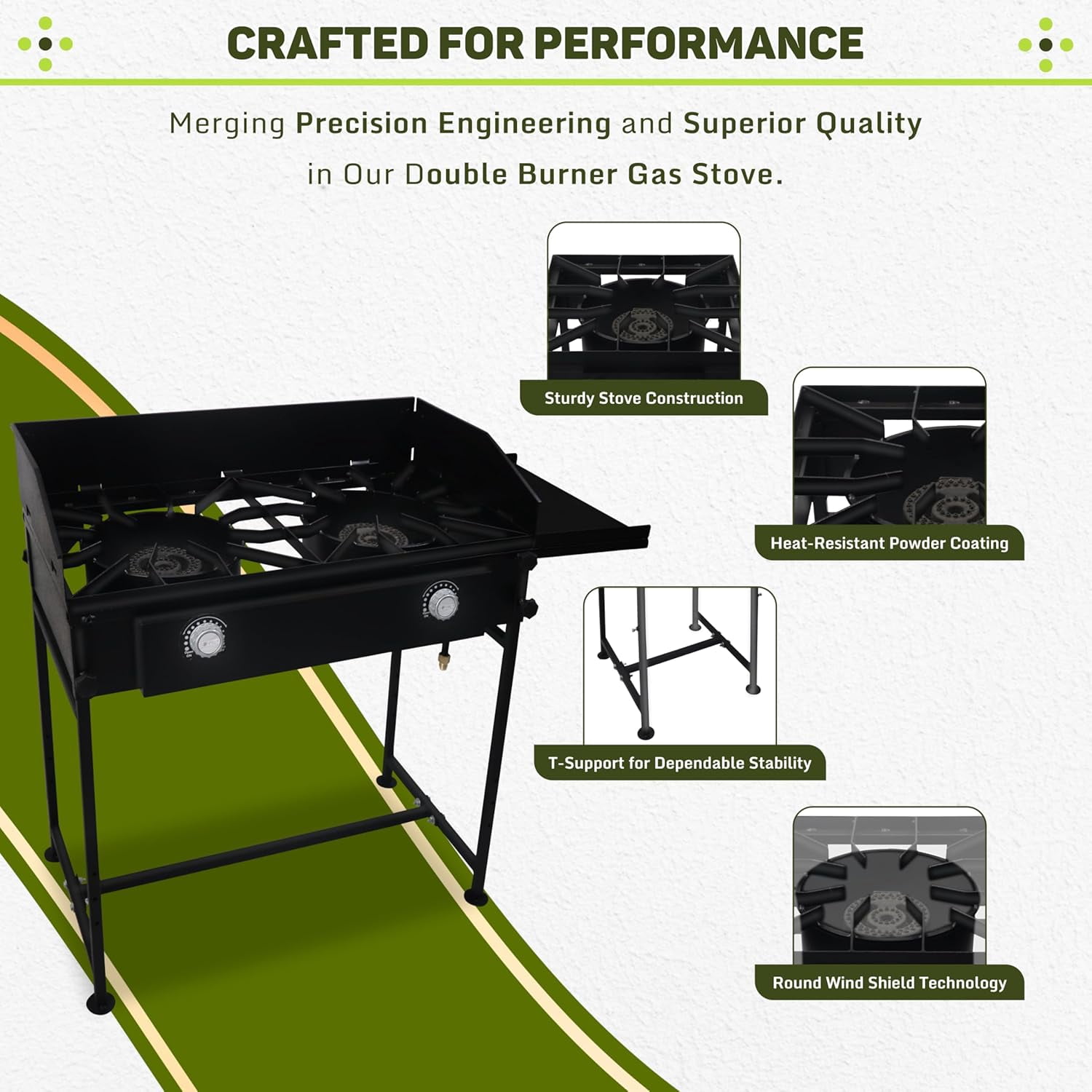 SONRET - Double Burner Propane Outdoor Camping Stove - with Side Shelf & Wind Panel