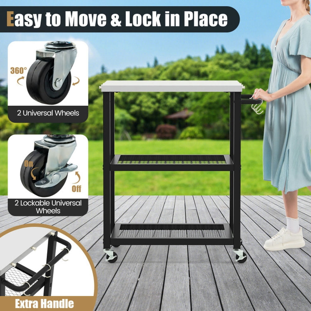 Demifill 3-Tier Foldable Outdoor Stainless Steel Food Prepare Dining Cart Table on Wheels-Black, Camp Stove for Outdoor Cooking