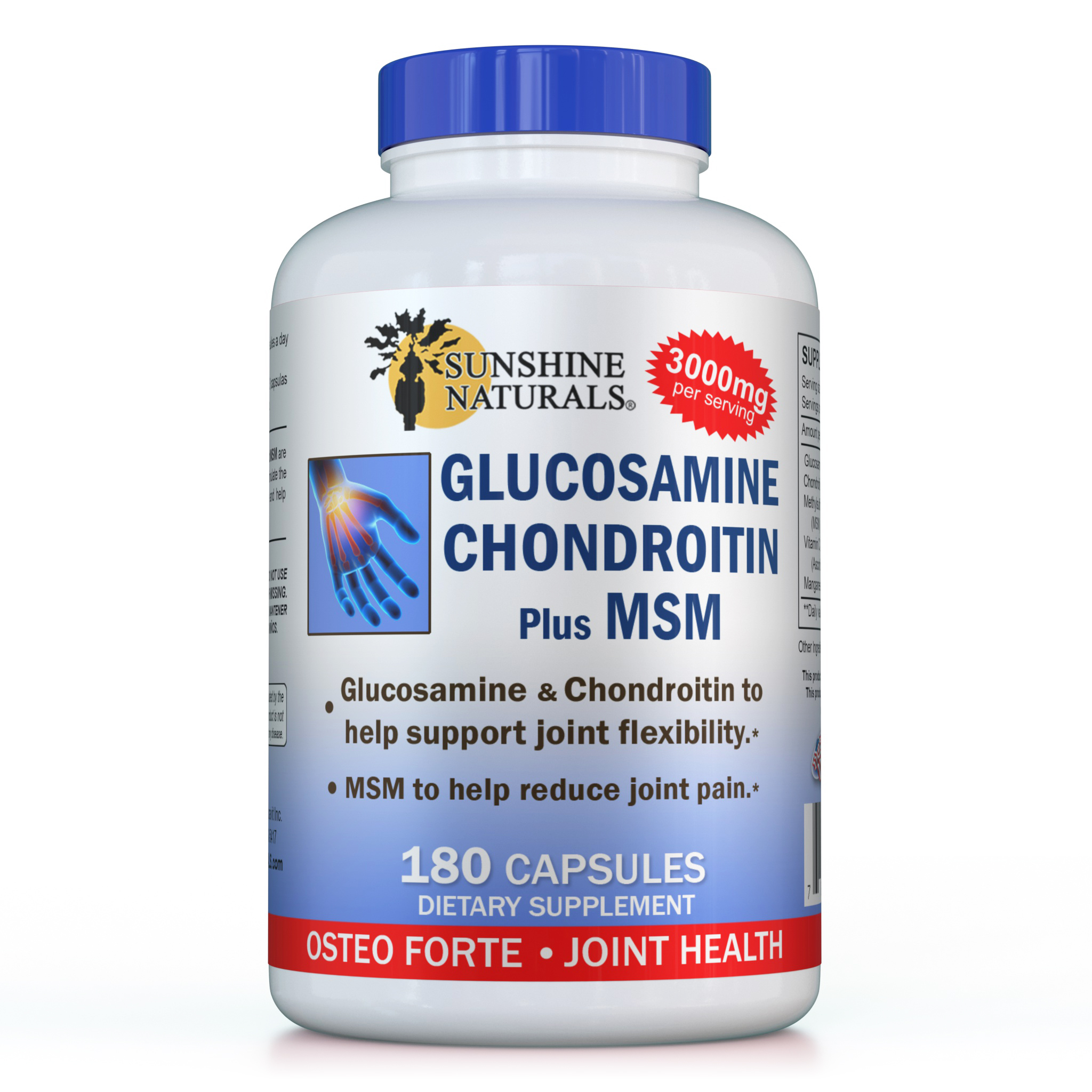 Sunshine Naturals Glucosamine Chondroitin Plus MSM for Joint and Bone Health, 180 Capsules
