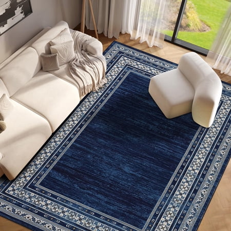 Machine Washable Area Rug 4x6ft – Non-Slip Low Pile Soft Carpet for Living Room, Bedroom, Nursery, Modern Accent Floor Mat, Mark Resistant, Non-Shedding – Blue Tones, USA