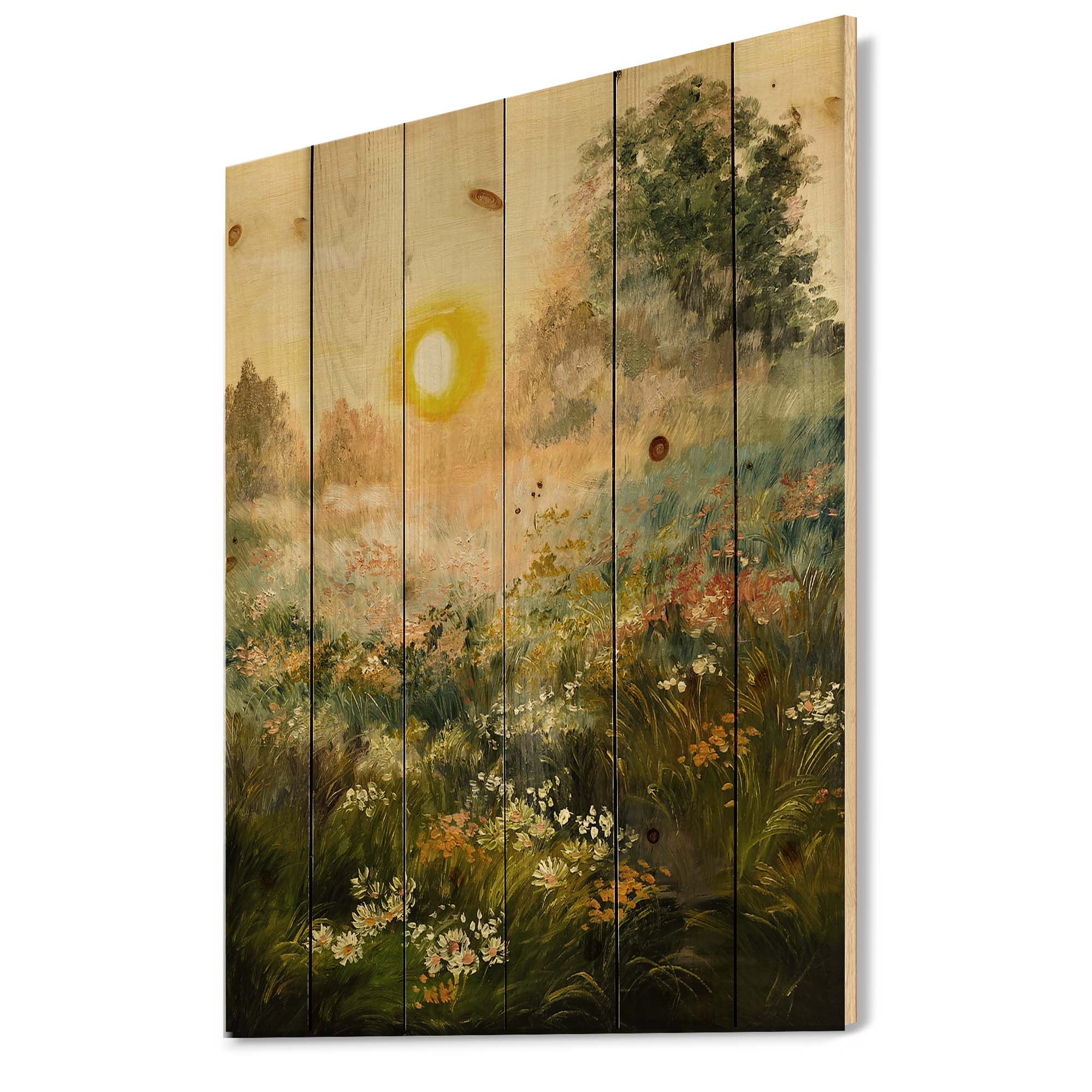 Designart 'The Blossoming Field With Sunrise' Farmhouse Print on Natural Pine Wood