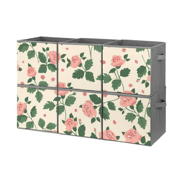 Collapsible Oxford Fabric Storage Cubes with Handles, Large Mid Foldable Oxford Cloth Bins Set of 2/6, Closet Organizers for Shelves Clothes Home Kitchen Toy - Rose Illustration
