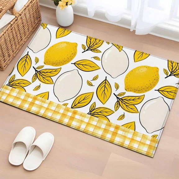 Yellow Lemon Entryway Rug 2'x3' Non Slip Front Door Mats, Summer Botanical Leaves Plaid Entrance Rugs Indoor Outdoor Carpet, Washable Floor Mats Small Area Rug for Bedroom Kitchen