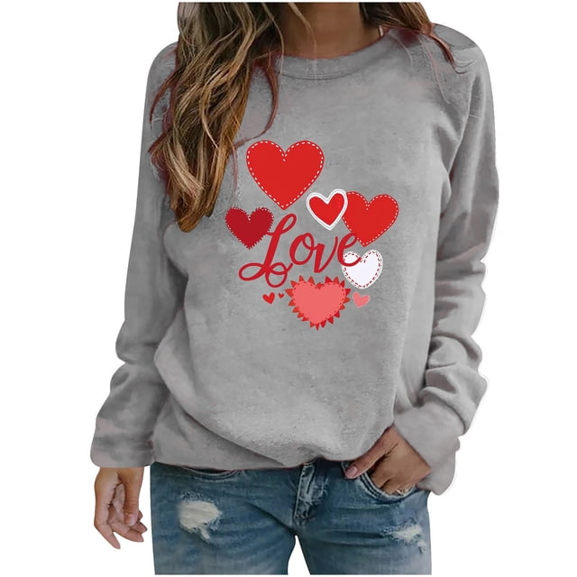 Amzcrzy Valentines Chandails de la Saint-Valentin pour Femmes Mode T-Shirt Graphique Cœur d'Amour Hauts Décontractés Confortables Col Rond Hauts de Printemps Été Classiques Polyvalents Manches Longues T-Shirts