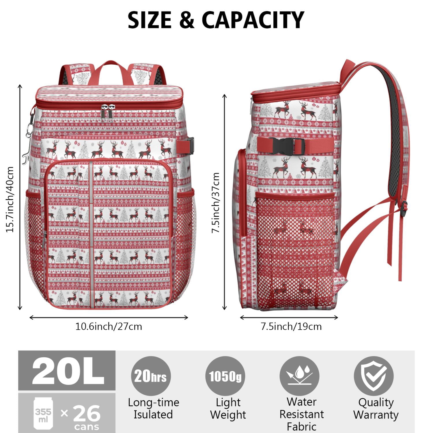 Travel Cooler Bag - Red and White Christmas Reindeer Pattern Camping Beer Cooler Backpack with Bottle Opener- Waterproof Insulated Picnic Backpacks - Cooler Bag for Beach