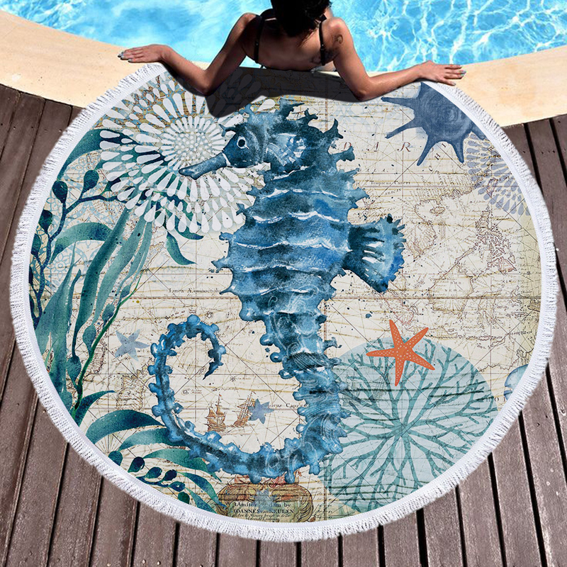 Ocean Shark Blue Sea Beach Towel Round Tapestry Blanket Bedspread Yoga Mat New